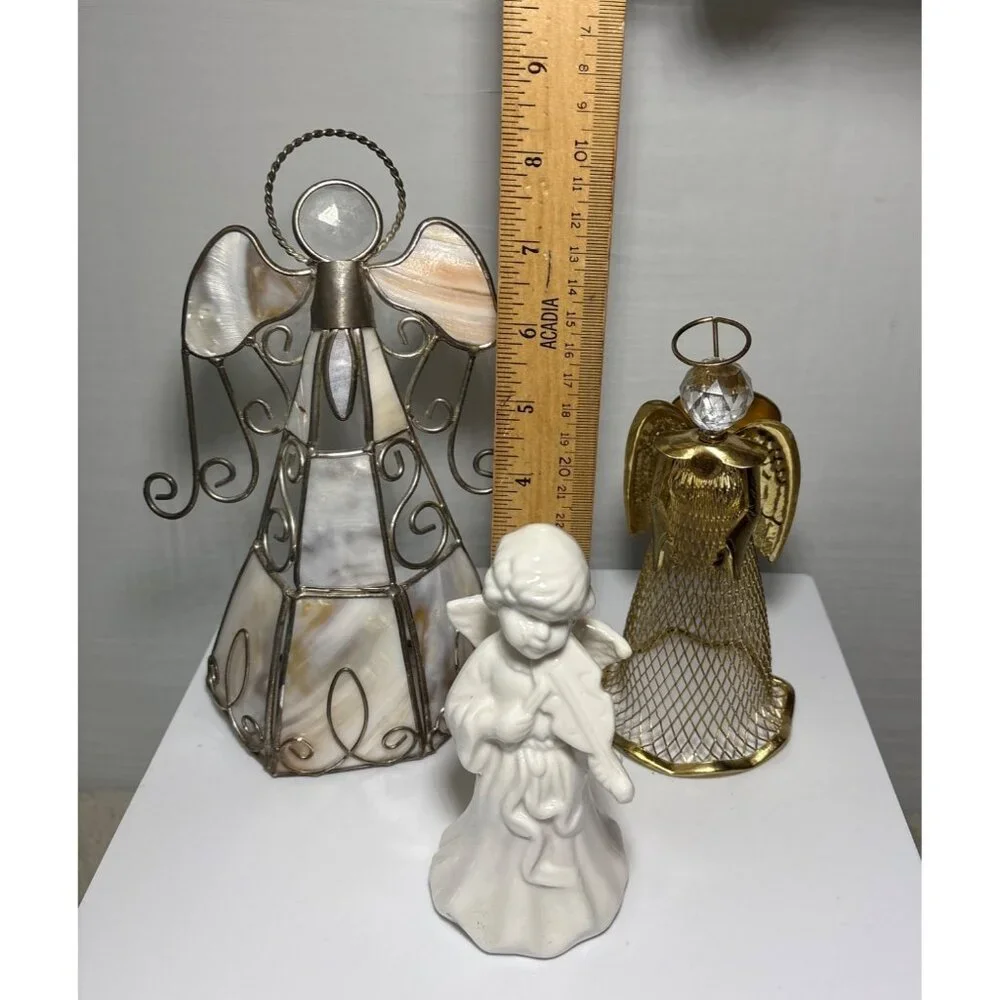 Set Of 3 Angel Figurines With Stained Glass Gold Mesh & Ceramic Design - Picture 2 of 8